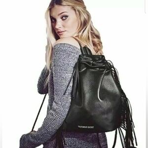Victoria's Secret Black Ladies Drawstring Faux Leather Backpack